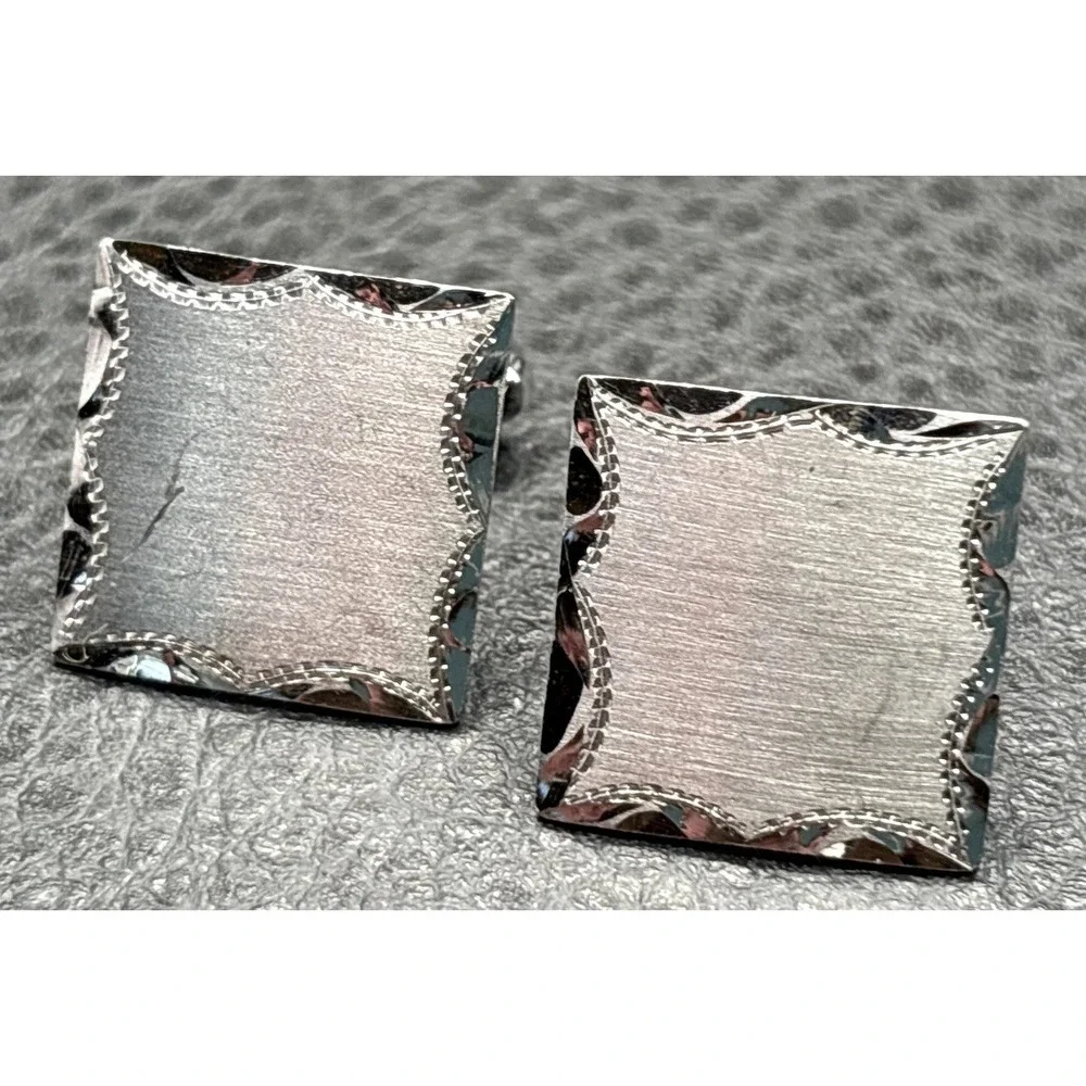 Vintage Anson Sterling Silver 925 Brushed Square Cufflinks Ornate